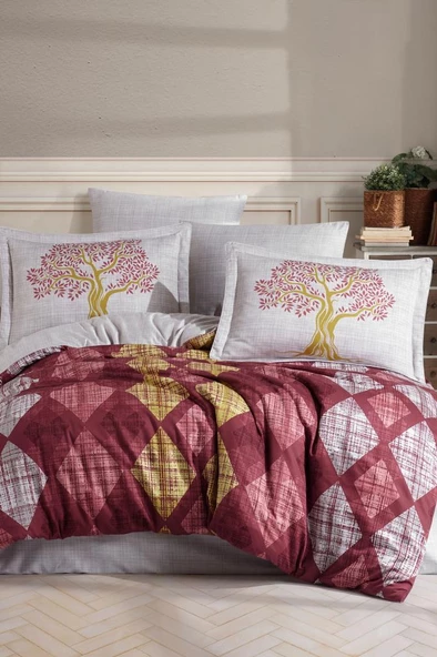 Ruth Pamuk Saten Çift Kişilik Nevresim Takımı Bordo ürün görseli