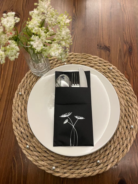 Gümüş Yaldızlı Siyah Cepli Havuç Çiçeği Peçete 12 Adet 40x40 ürün görseli 1