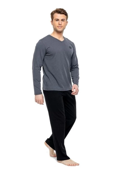 Mod Collection %100 Pamuk Uzun Kol V Yaka Erkek Pijama Takım - 7