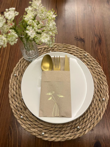 Gold Yaldızlı Kraft Cepli Havuç Çiçeği Peçete 12 Adet 40x40
