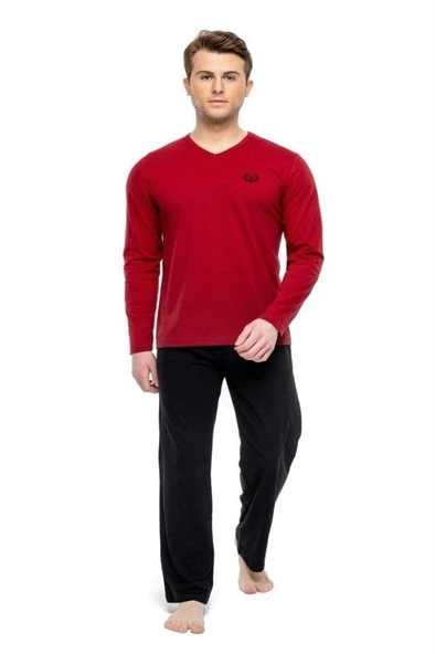 Mod Collection %100 Pamuk Uzun Kol V Yaka Erkek Pijama Takım - 5