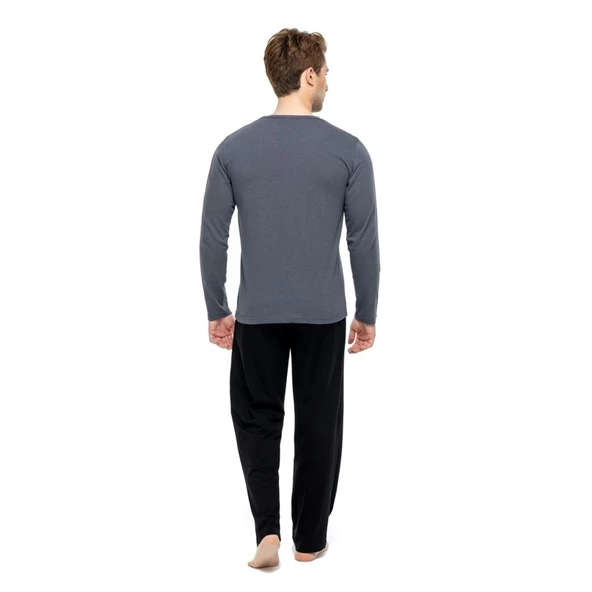 Mod Collection %100 Pamuk Uzun Kol V Yaka Erkek Pijama Takım - 4