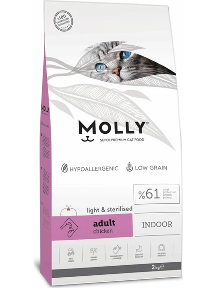 Molly Hipoalerjenik Düşük Tahıllı Light & Sterilised Tavuklu Kısırlaştırılmış Kedi Maması 2 kg