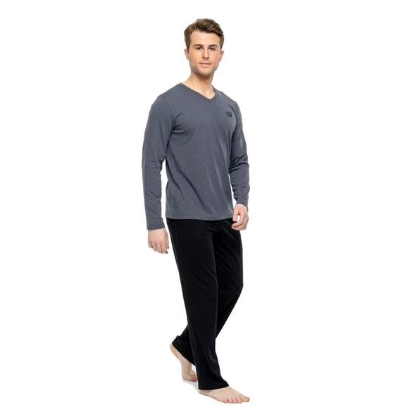 Mod Collection %100 Pamuk Uzun Kol V Yaka Erkek Pijama Takım - 3