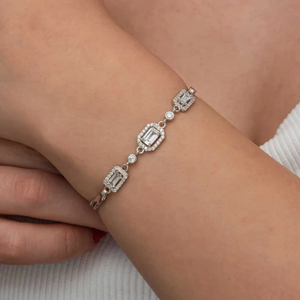 Himarry Gümüş Üçlü Baget Taşlı Kadın Bileklik - Resim 3