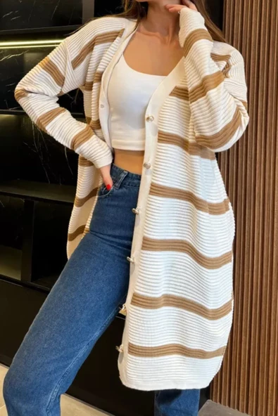 Premium Kumaş Çizgili Triko Hırka - 6