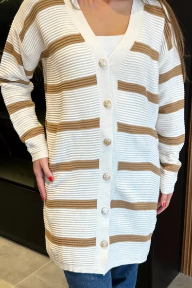 Premium Kumaş Çizgili Triko Hırka - 8