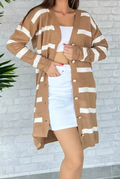 Premium Kumaş Çizgili Triko Hırka - 11