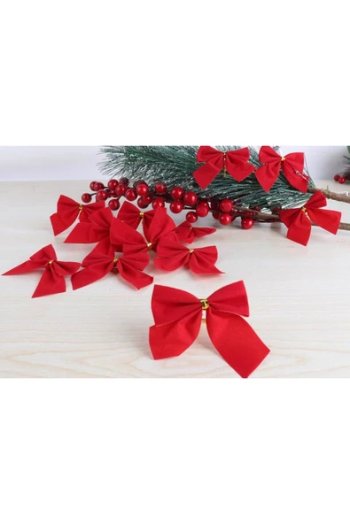 Yıllbaşı Ağaç Süs Kadife Kırmızı Fiyonk 12 Li 5cm - Resim 4