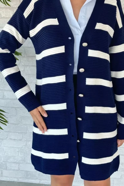 Premium Kumaş Çizgili Triko Hırka - 5