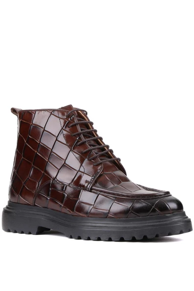 Shoetyle - Kahverengi Croco Deri Fermuarlı Erkek Bot 250-604 - 2