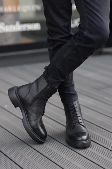 Shoetyle - Siyah Deri Fermuarlı Erkek Postal Bot 250-090 - 4