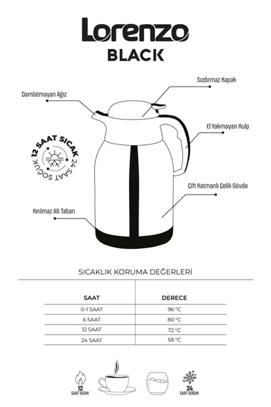 Lorenzo Black Çift Kat Paslanmaz Çelik Termos Termos 2 Lt - 2