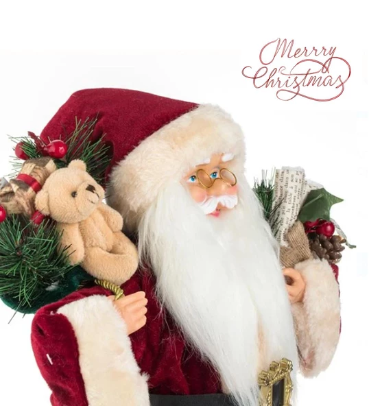 Yılbaşı Süsü Noel Baba Biblo Figür Büyük Boy 45cm - Peluş Ayılı Hediye Çuvalı ve Aksesuarları ile - 5