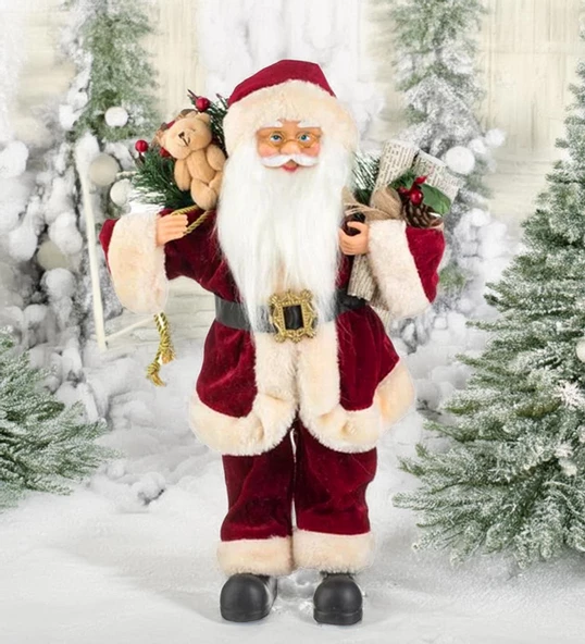 Yılbaşı Süsü Noel Baba Biblo Figür Büyük Boy 45cm - Peluş Ayılı Hediye Çuvalı ve Aksesuarları ile