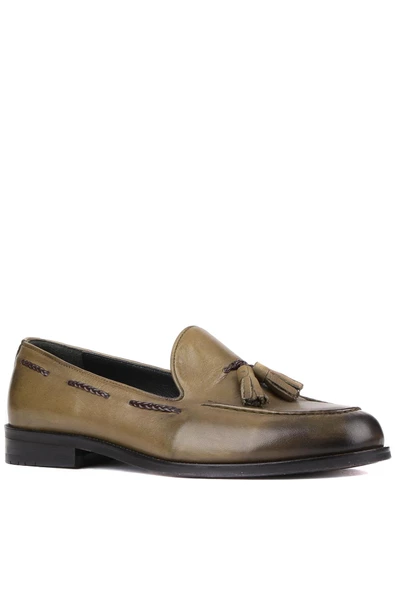Shoetyle - Haki Deri Püsküllü Erkek Klasik Ayakkabı 250-2250 - 2