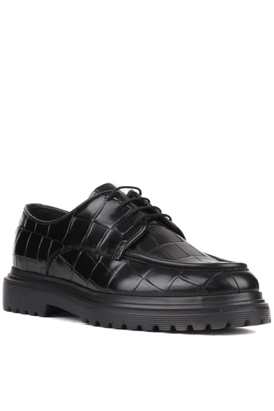 Shoetyle - Siyah Croco Deri Bağcıklı Erkek Günlük Ayakkabı 250-1615 - Resim 2