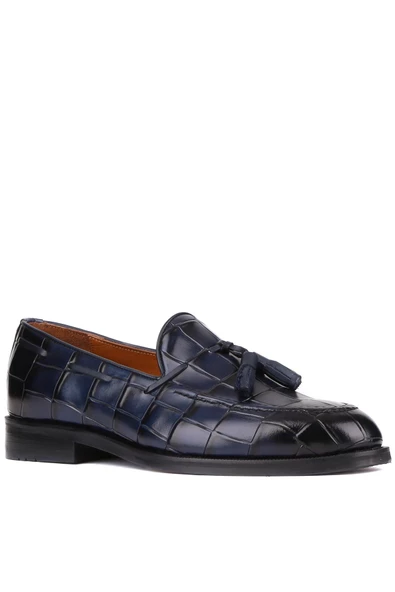 Shoetyle - Lacivert Croco Deri Püsküllü Erkek Klasik Ayakkabı 250-7951 - 2