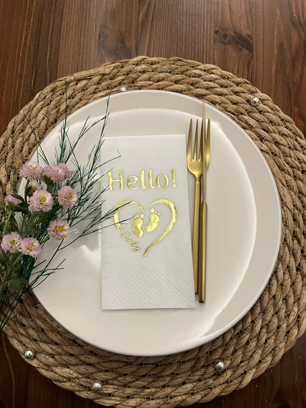 Gold Yaldızlı Beyaz hello Baby Ayaklı Peçete
