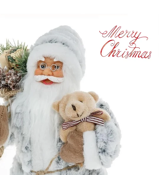 Yılbaşı Süsü Noel Baba Biblo Figür Büyük Boy 30 cm -  Peluş Ayısı ve Hediye Çuvalı ile... - 4