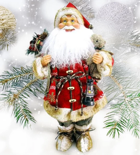 Yılbaşı Süsü Noel Baba Biblo Figür Büyük Boy 45 cm - Feneri, Peluş Ayısı ve Hediye Çuvalı ile... - 3