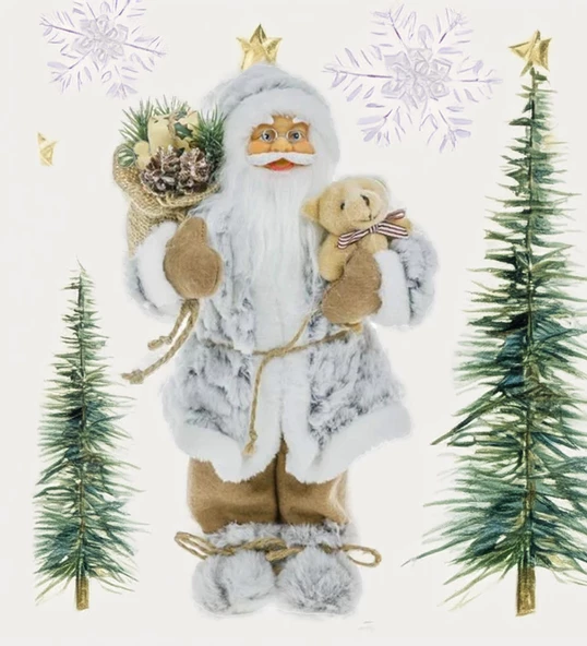 Yılbaşı Süsü Noel Baba Biblo Figür Büyük Boy 30 cm -  Peluş Ayısı ve Hediye Çuvalı ile...