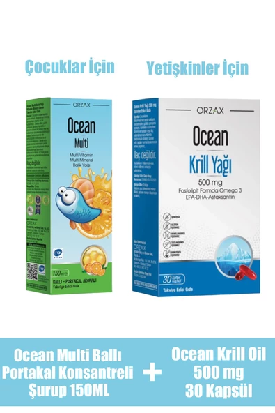 Ocean Krill Oil 500 mg 30 Kapsül + Ocean Multi Ballı Portakal Konsantreli Şurup 150 ml ürün görseli 1
