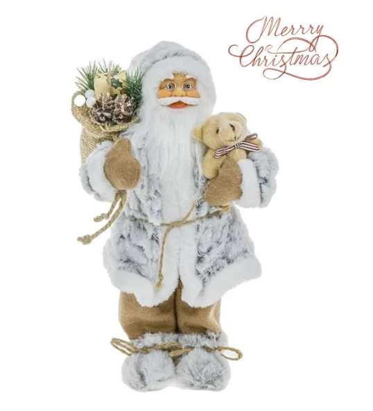 Yılbaşı Süsü Noel Baba Biblo Figür Büyük Boy 30 cm -  Peluş Ayısı ve Hediye Çuvalı ile... - 2