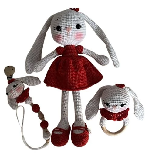 Uzun Kulak Kırmızı Tavşan Seti Amigurumi Organik Oyuncak - 1