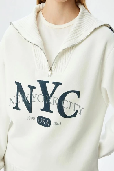 Koton Dik Yaka Yarım Fermuarlı Kolej Baskılı Şardonlu Oversize Sweatshirt - 5