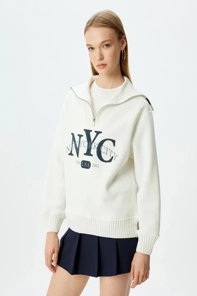 Koton Dik Yaka Yarım Fermuarlı Kolej Baskılı Şardonlu Oversize Sweatshirt - 3