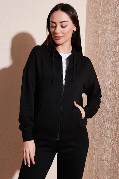 FASHION FRIENDS KADIN FERMUARLI KAPÜŞONLU SWEAT 24K0852K1