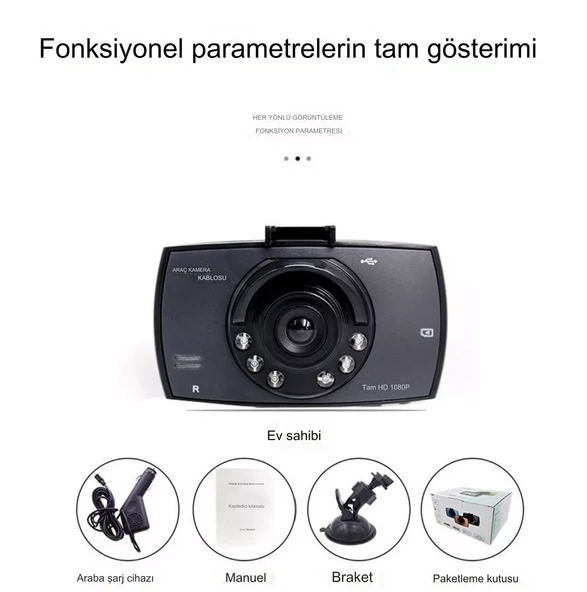 1080P FHD Araba Kamerası, 6 Adet Dolgu Işığı, 2.7 İnç Ekran Araç Kameraları, Yerçekimi Sensörü Desteği, Çarpışma Sensörü, Hareket Algılama - 5