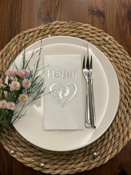 Gümüş Yaldızlı Beyaz hello Baby Ayaklı Peçete 16 Adet
