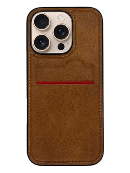 Apple iPhone 16 Pro Kartlıklı Rich Boss Lüx Deri Kılıf Açık Kahve - 1