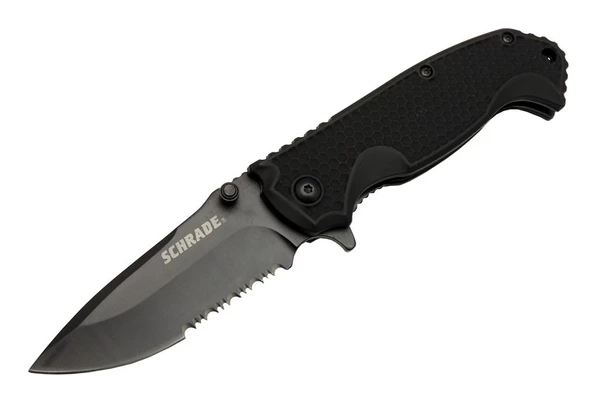 Schrade 5-1 Siyah Kamp Çakı 20cm- Yarı Otomatik, Testere Detaylı, Kemerlikli