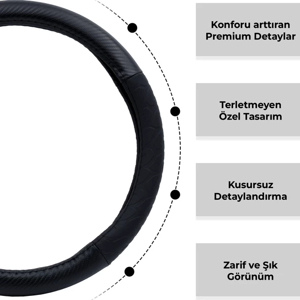 Oto Geçme Direksiyon Kılıfı Karbon Desenli Suni Deri Siyah Renk TEQ-010BK/BK - 2