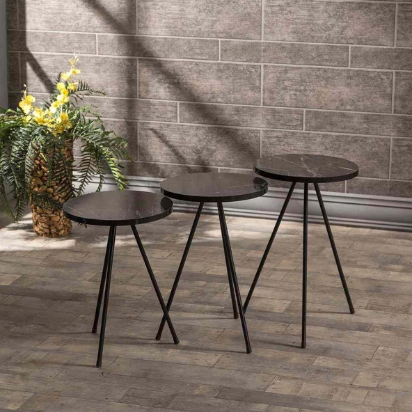 Zigon Sehpa 3 Lü Metal Ayak Siyah Mermer Desen  1018 - Resim 2