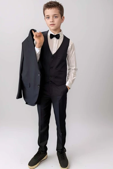 Erkek Çocuk Blazer Ceketli, Cepken Yelekli Siyah Takım Elbise 5-9 Yaş - 2