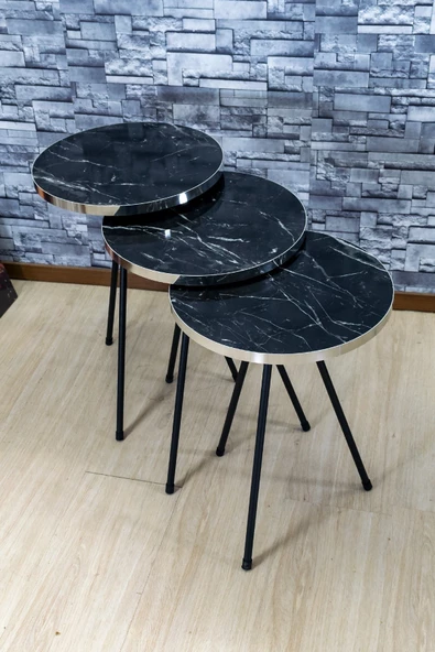 Zigon Sehpa 3'lü Siyah Metal Ayak Gümüş Siyah Bendir 1070 - Resim 4