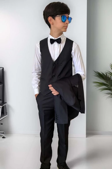 Erkek Çocuk Blazer Ceketli, Cepken Yelekli Siyah Takım Elbise 5-9 Yaş - 3