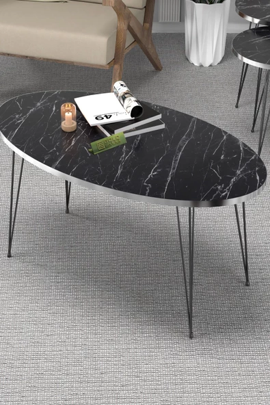 Orta Sehpa Elips Siyah Tel Ayak Gümüş Bendir ürün görseli 1