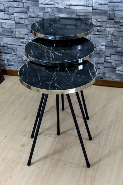 Zigon Sehpa 3'lü Siyah Metal Ayak Gümüş Siyah Bendir 1070 - Resim 3