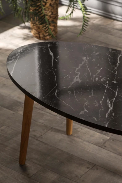 Orta Sehpa Ahşap Torna Elips Siyah Mermer Desen ürün görseli 1