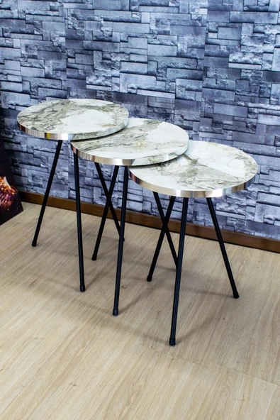 Zigon Sehpa 3'lü Siyah Metal Ayak Gümüş Efes 1071 - Resim 2