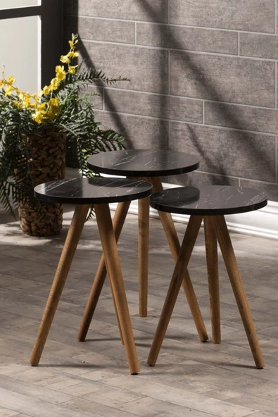 Zigon Sehpa 3 Lü Ahşap Orjinal Torna Ayak Siyah Mermer Desen ürün görseli 1