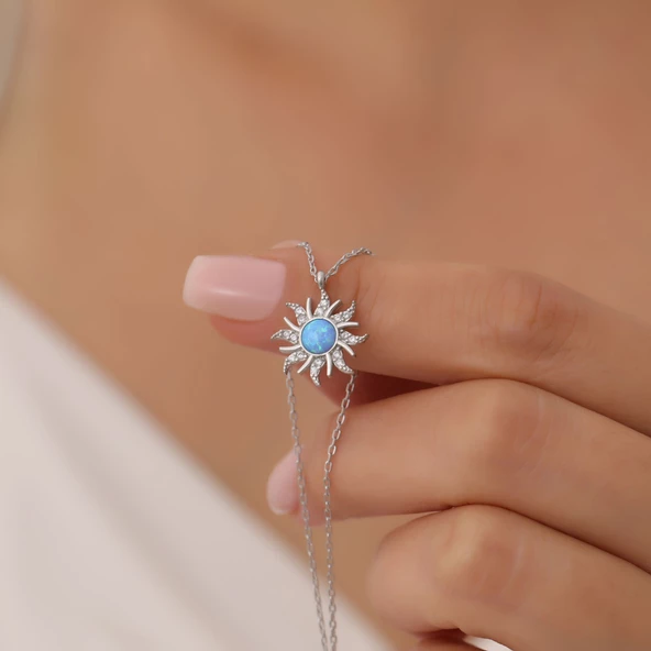 Vaoov 925 Ayar Gümüş Mavi Opal Taşlı Güneş Kolye ürün görseli