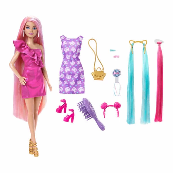 Barbie Upuzun Muhteşem Saçlı Bebekler Pembe Saçlı Bebek JDC85 - Resim 3