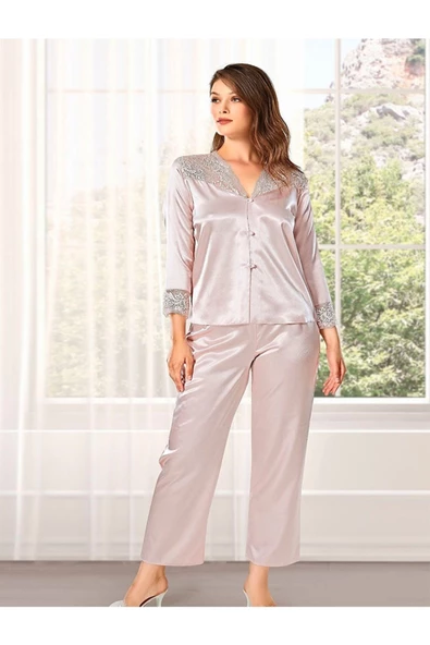 Kadın EKRU Saten Çeyiz Seti 6 Parça Dantelli Sabahlık Gecelik Pijama Şortlu Takım 2XL  8610