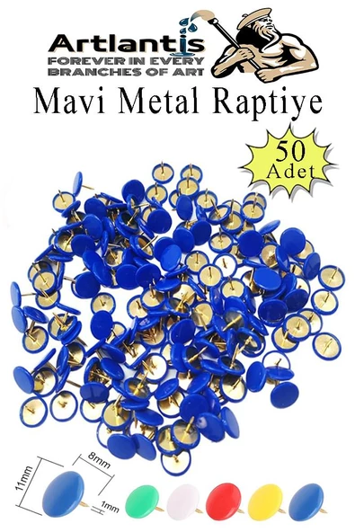 Mavi Raptiye 50 Adet 1 Paket Renkli Pvc Kaplı Başlıklı Raptiye Plastik Yuvarlak Düğmeli Raptiye Pano Okul Ofis Büro Ev